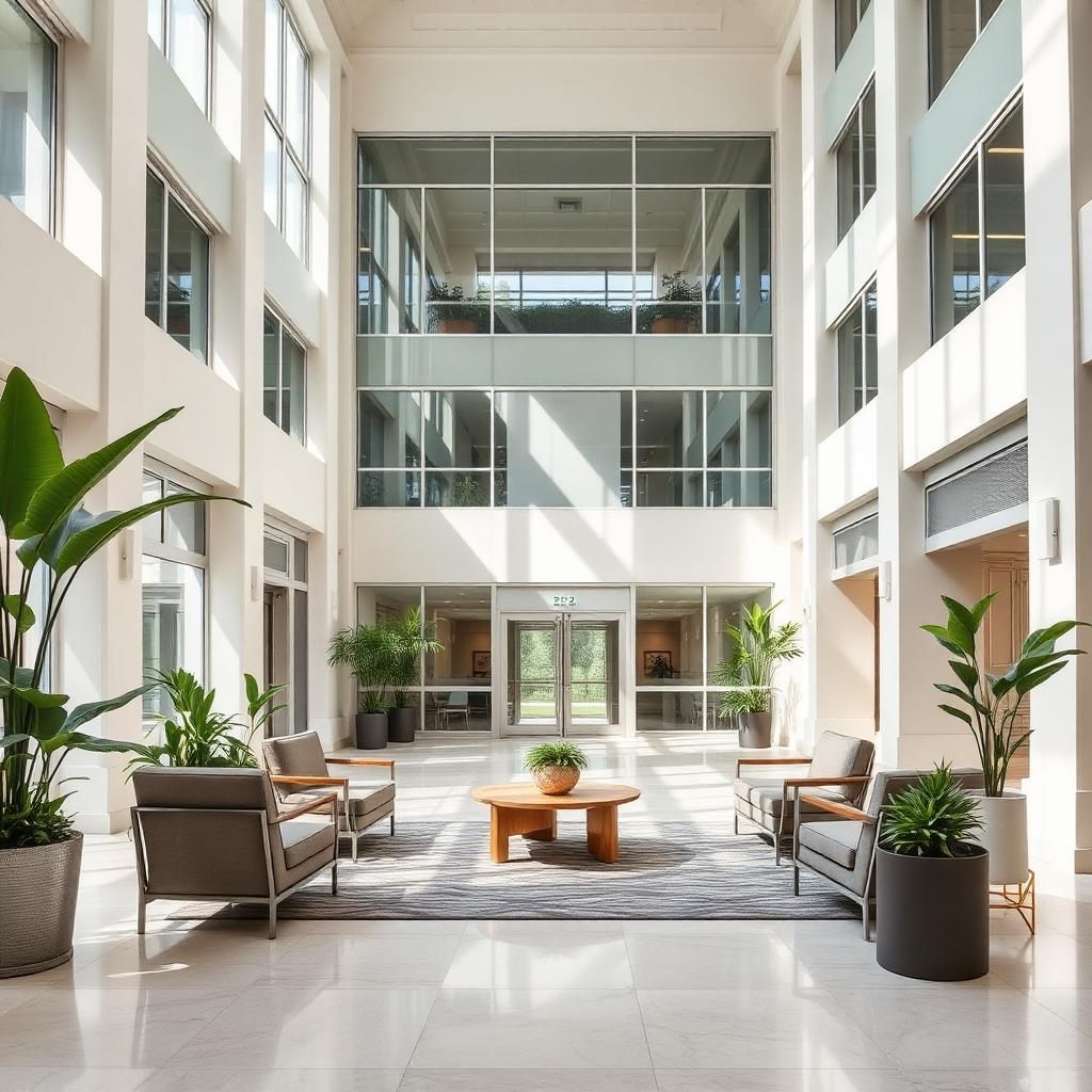 Bright, welcoming office lobby with lounge seating representing a positive tenant experience