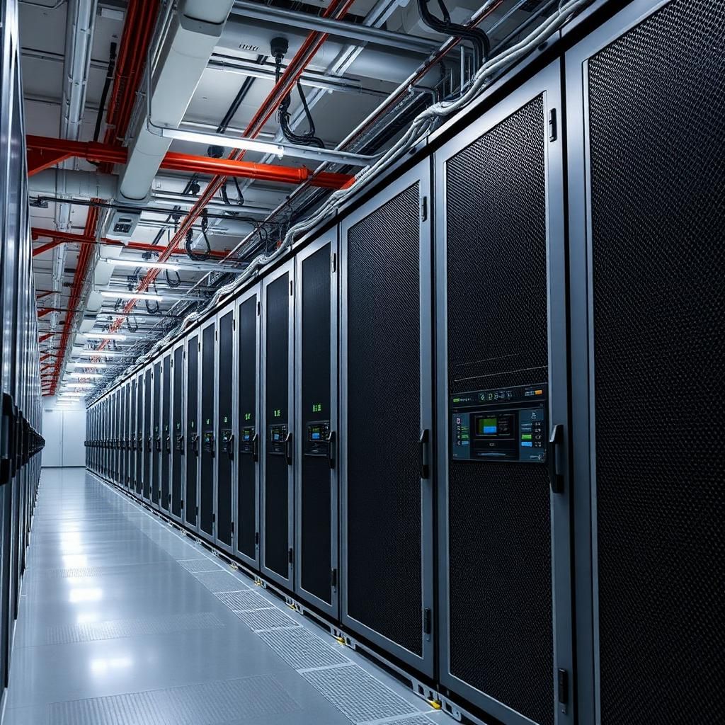Rows of server racks inside a data centre representing mission-critical resilience and compliance