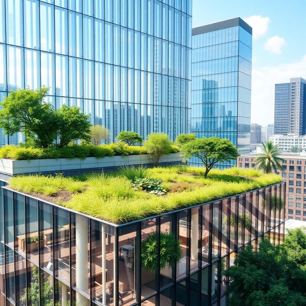 Green certified office building surrounded by planting, representing sustainable building certification