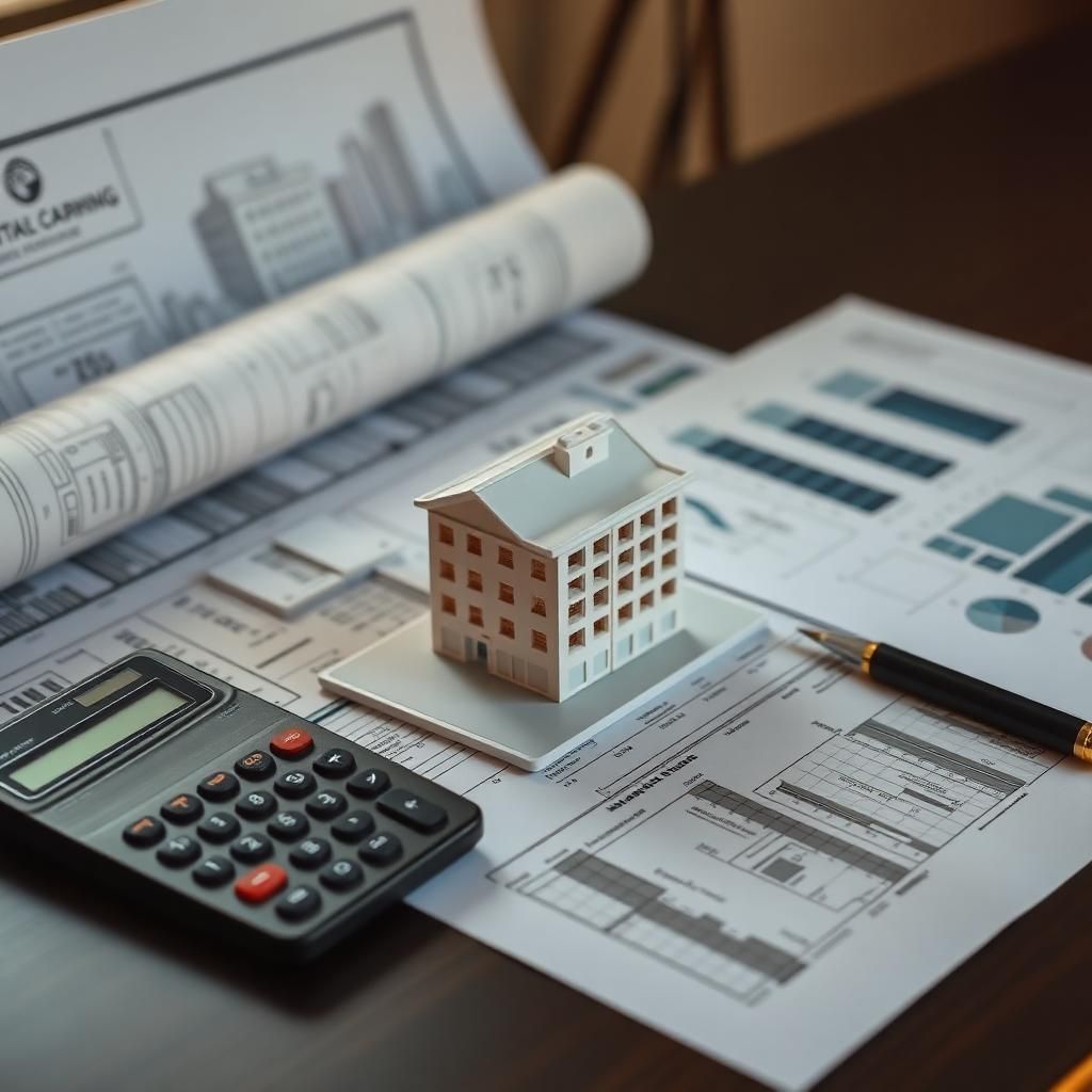 Architectural blueprints and a calculator laid out for capital expenditure planning