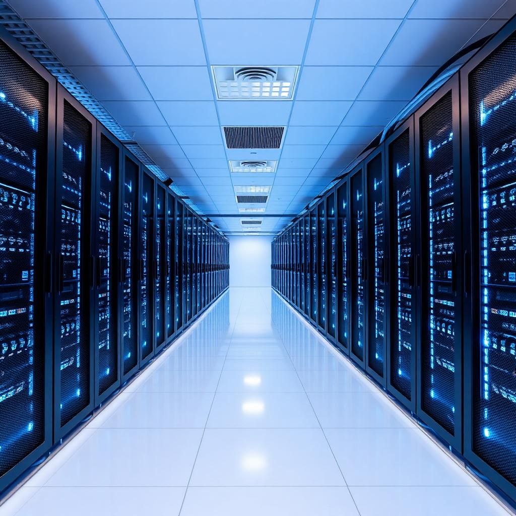 Illuminated data centre corridor representing continuous critical-environment uptime