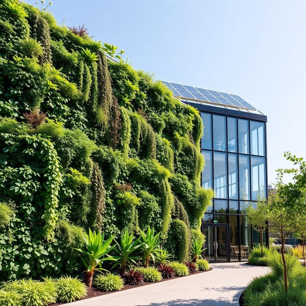 Green-roofed sustainable commercial building with integrated planting and glazing