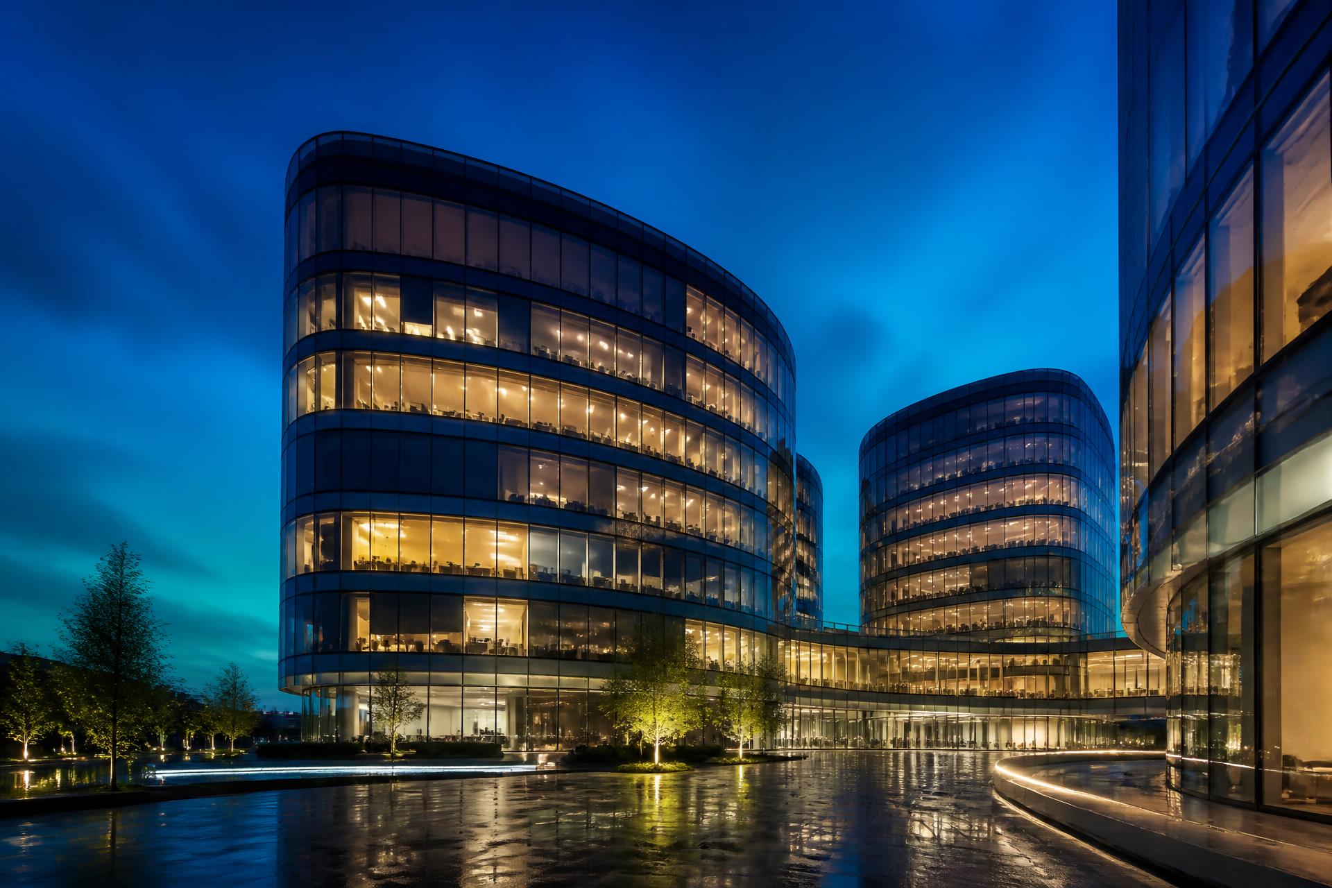 Modern glass commercial towers at dusk